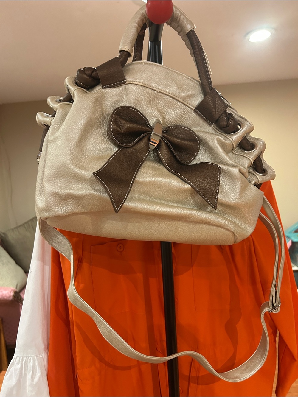 Cream and Brown Bow-Detail Women's Shoulder Bag
